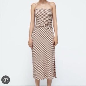 Zara Brown and White Gingham Midi Dress